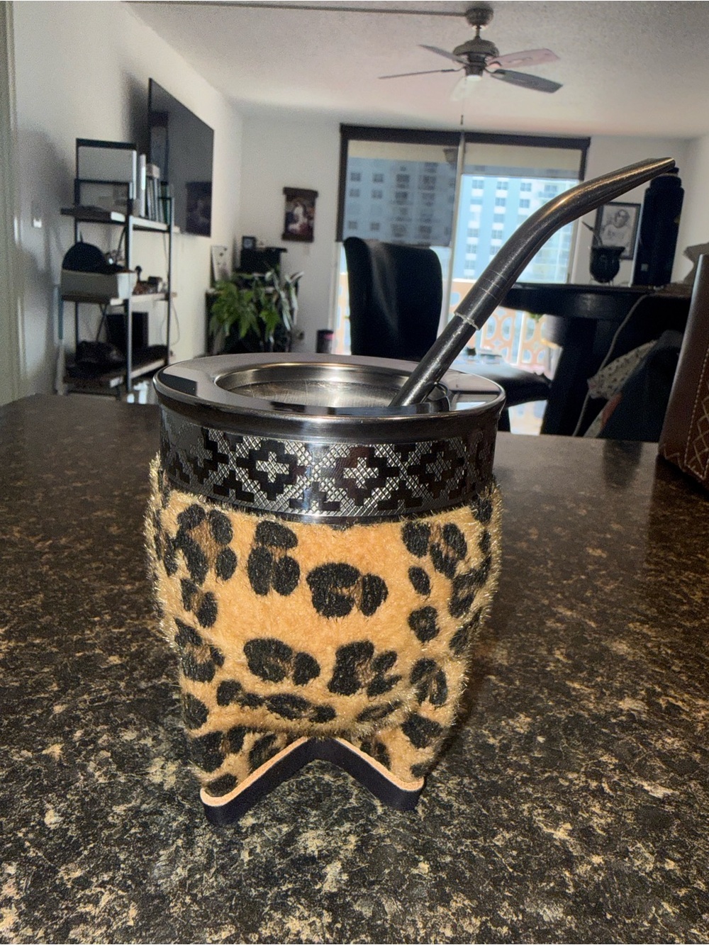 Leopard-Print Yerba Mate Cup with Stainless Bombilla - Black/Tan